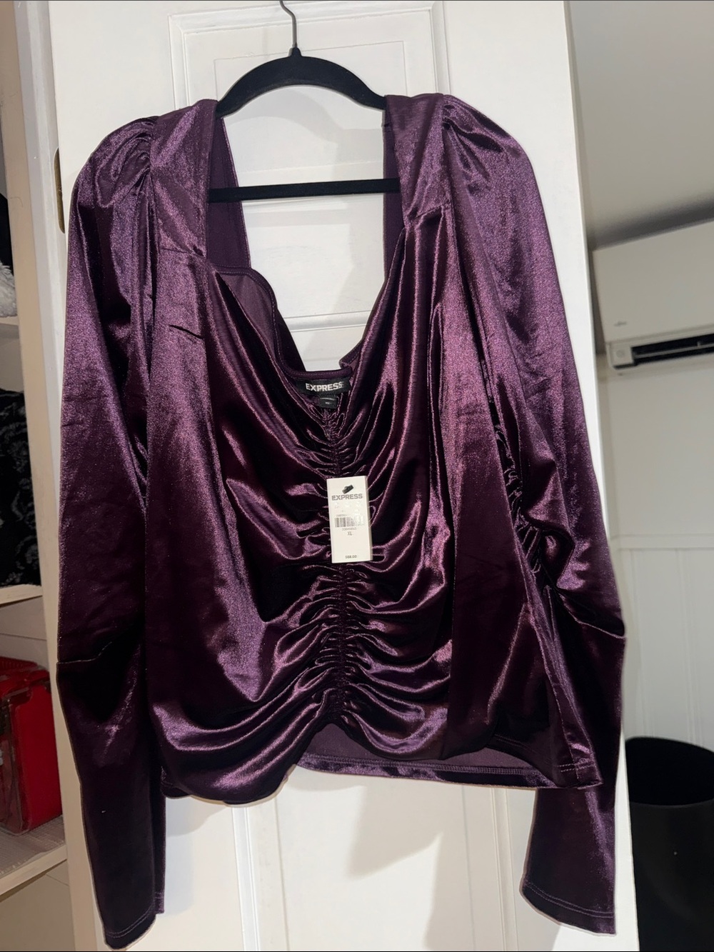 Express Satin Ruched Long-Sleeve Top - Plum